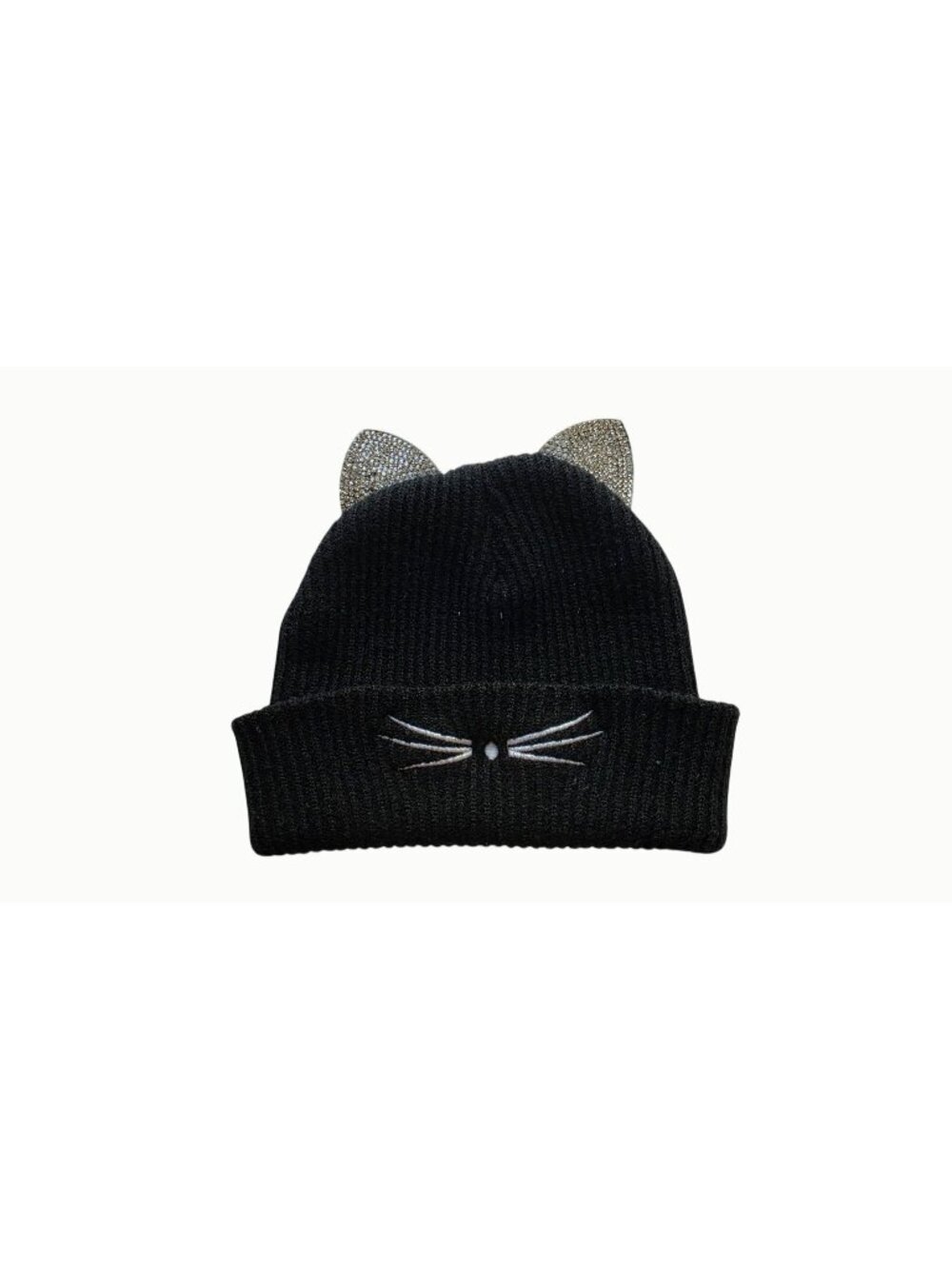Black Cat Ear Beanie Rhinestone Crystal Kitty Whiskers Knit Winter Hat
